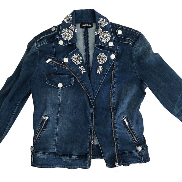 Bebe Rhinestone Embellished Stretchy Retro Y2K Denim‎ Moto Jacket Size S - Picture 2 of 14